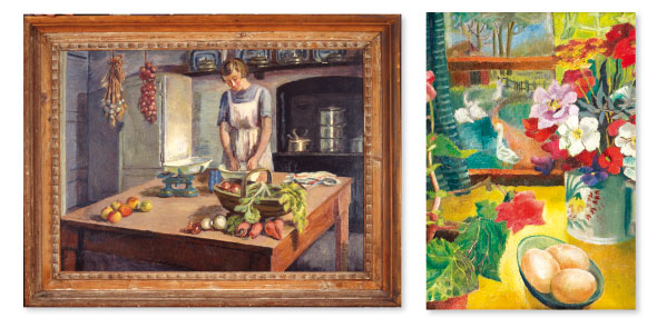 Left: The Kitchen by Vanessa Bell (1943) Right: Eggs On A Table, Tidmarsh Mill by Dora Carrington (c. 1924)