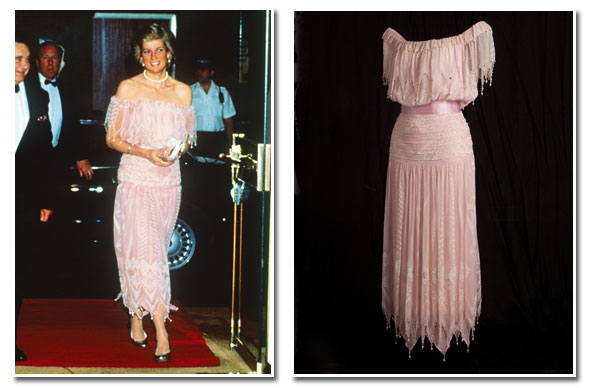 Zandra Rhodes gwon worn to a banquet during a Royal visit to Japan in 1986