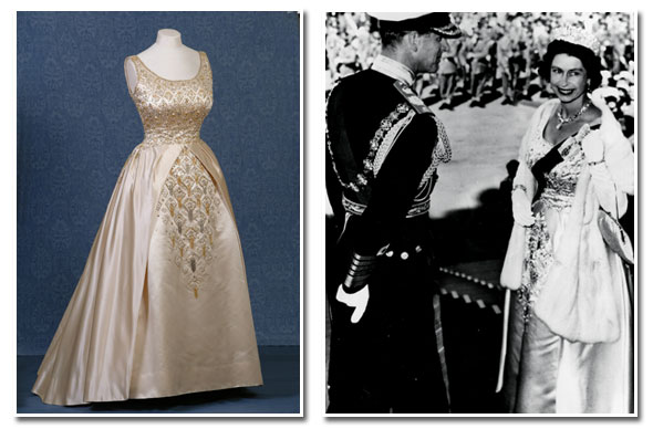 The Queen wore an embroidered ivory evening gown by Norman Hartnell to the opening of Parliament in New Zealand in 1963