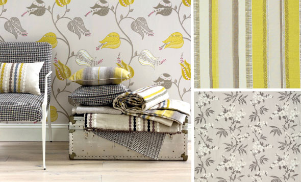Clockwise from left: Soumak chair fabric, £69 per metre; Kashan cushion (on chair), £142 per metre; Tabriz cushion (on trunk), £69 per metre; Pioneer stripe, £22 per metre, by John Lewisn throw, £142 per metre, all Osborne & Little; Calissa fabric, £45 per metre, by Laura Ashley