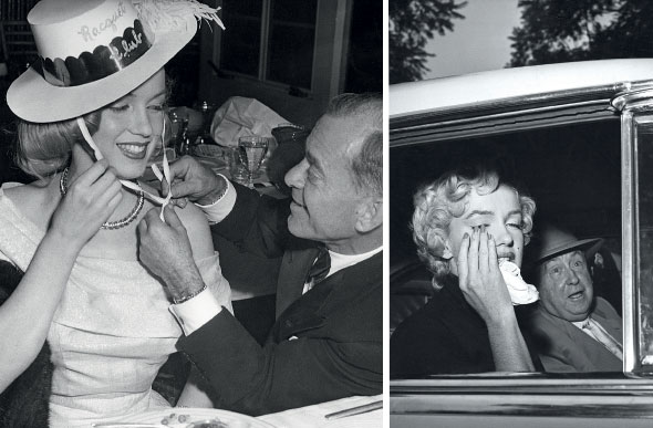 Above, left: New Year’s Eve 1949, with Johnny Hyde, a vice-president of the William Morris Agency. He revamped her from ‘all-American girl to Hollywood blonde’, a type that could be sold ‘more easily to the studios and masses’, Bruno Bernard noted. Right: At the time of her separation from Joe DiMaggio, ‘as Marilyn withdrew her hand to dry her tears… I shot the naked human creature behind the goddess’